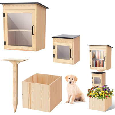 Petite boîte de bibliothèque d'extérieur en bois pour le partage de livres, double échange de livres à l'épreuve des intempéries avec bouchons de plancher et clôture de fleurs - bois naturel