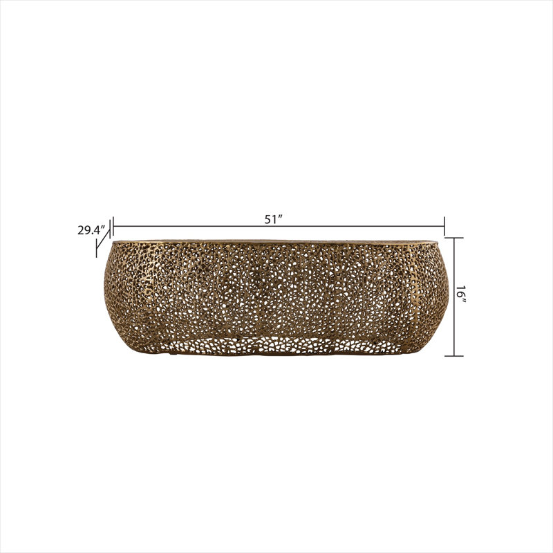 Table basse ovale de 51 pouces, structure en aluminium avec finition dorée, style contemporain moderne