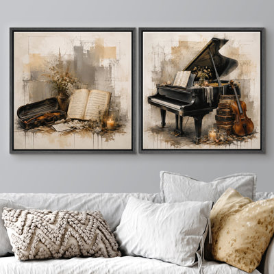 «Vintage Book Grand Piano and Violin With Artistic Musical Elegance», ensemble de 2 reproductions d'art sur toile encadrées