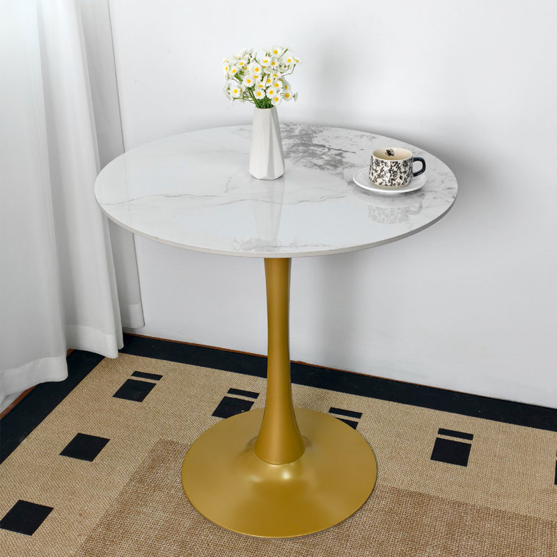 Cleofus Round Metal Base Dining Table, Gold, 30.9" H x 29.92" L x 29.92" W, Emerald White
