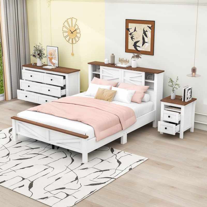 Ensemble de chambre à coucher 3 pièces Andrenae, Blanc, brun, Grand