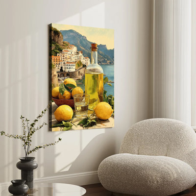 Ville côtière de la côte amalfitaine avec citronniers - Peinture à l'huile grand format sur toile tendue, idéale pour le salon ou la chambre.