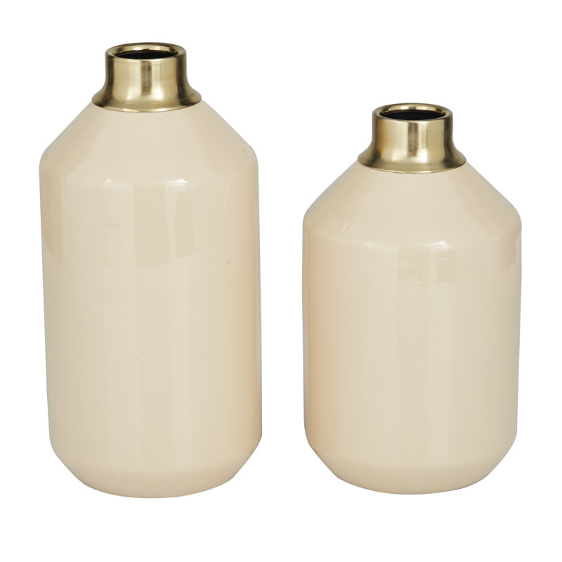 Metal Decorative Vase with Gold Rims Set, Cream
