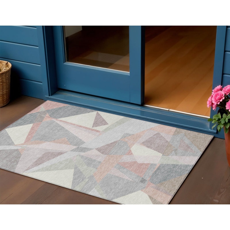 Tapis intérieur / extérieur ivoire et gris à motif géométrique lavable 3 pi x 5 pi