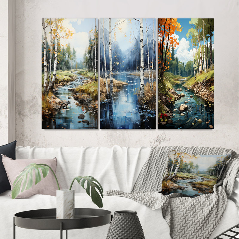 «Birch Woods Serenity Falls», 3 pièces, H 32 po x l 48 po, Toile tendue