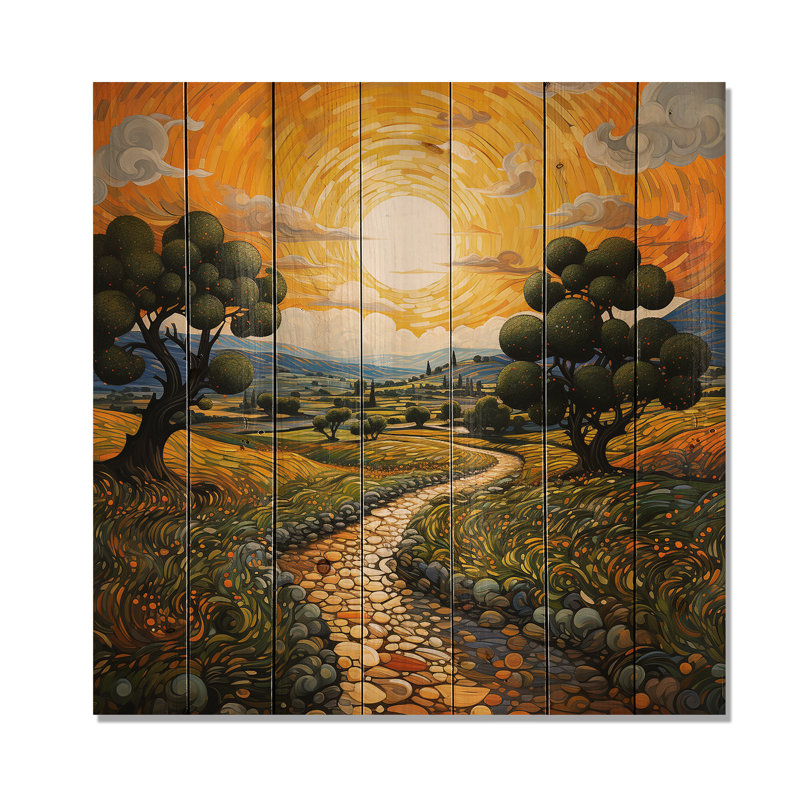 «Vangogh Olive Grove in Province», reproduction de Vangogh sur bois de pin naturel, H 15 po x l 15 po x P 0,78 po