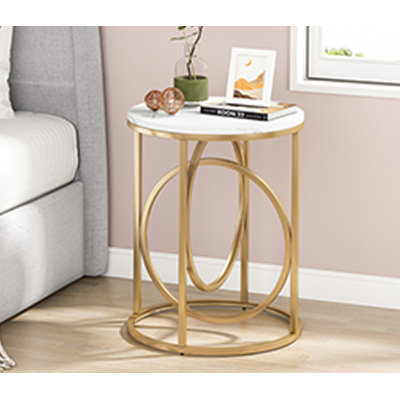 Table de bout ronde de 20 po pour le salon, table d'appoint en marbre moderne avec structure en métal doré, table d'appoint blanche et dorée, table de chevet étroite de 26 po de hauteur pour la chambre à coucher