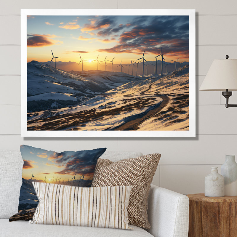«Sunset Wind Turbines Mountain View III - Wind Turbines», art mural, Cadre flottant blanc, H 24 po x l 32 po x P 1 po
