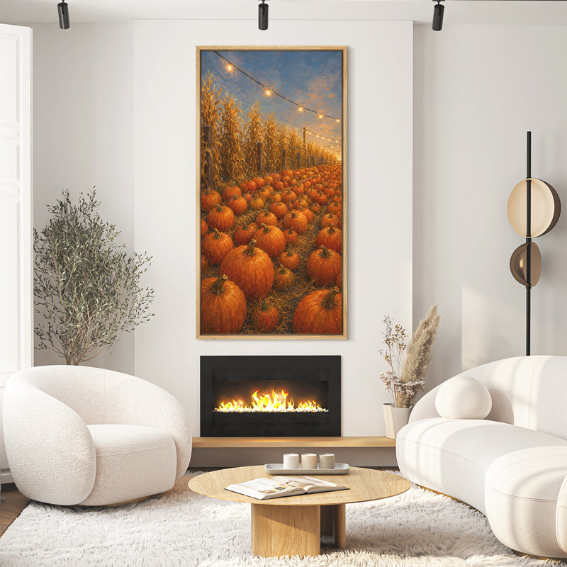 «Pumpkin Patch with String Lights Harvest Farm Autumn Decor Extra Large», reproduction d'art sur toile encadrée, Naturel