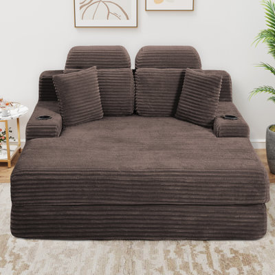 63.8" Oversized Compression Corduroy Chaise Lounge, Deep Seat Sleeper Sofa with Headrest, Cup Holder & Side Pocket, No Assembly Required
