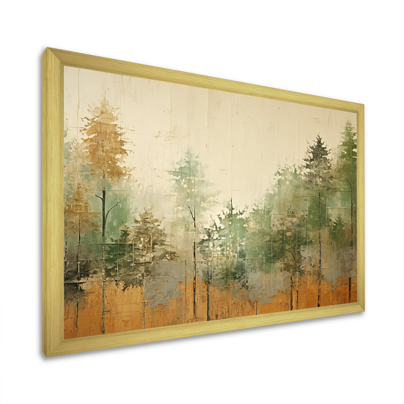 «Green Beige Wild Forest Essence I - Tachisme», art mural, Cadre doré à coins fermés, H 12 po x l 20 po x P 1 po
