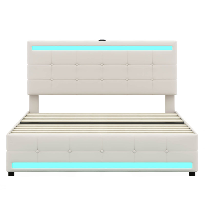 Lit avec panneau de rangement Roylan, Double, Beige