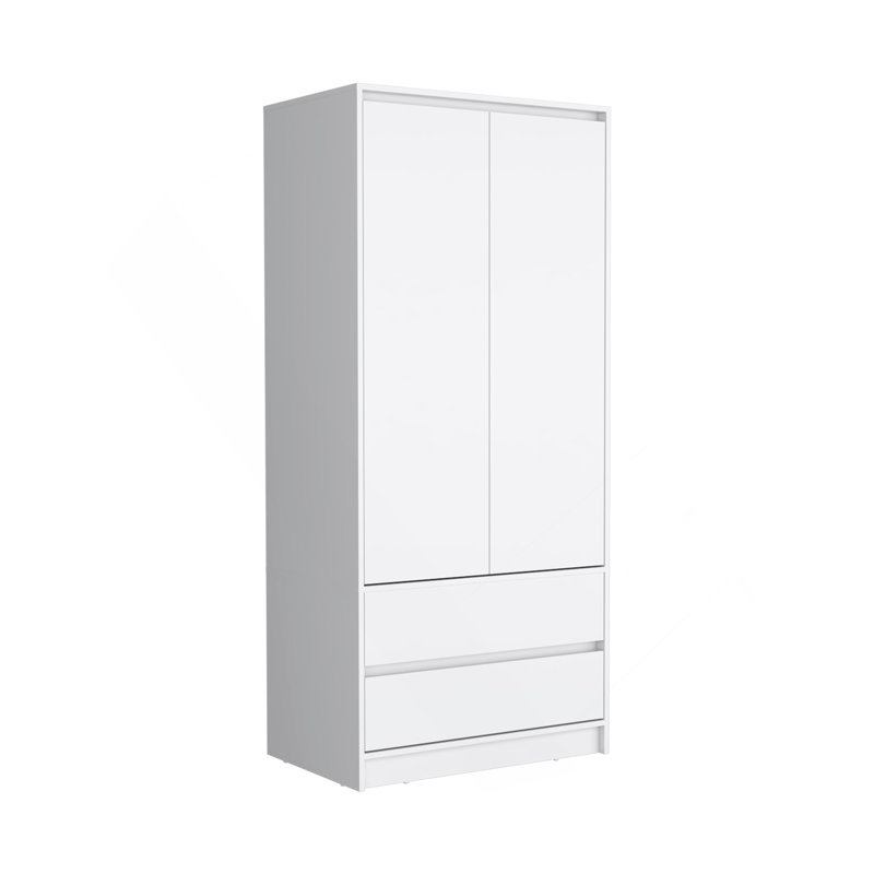 Armoire, garde-robe avec deux tiroirs, tringle, blanc, Blanc