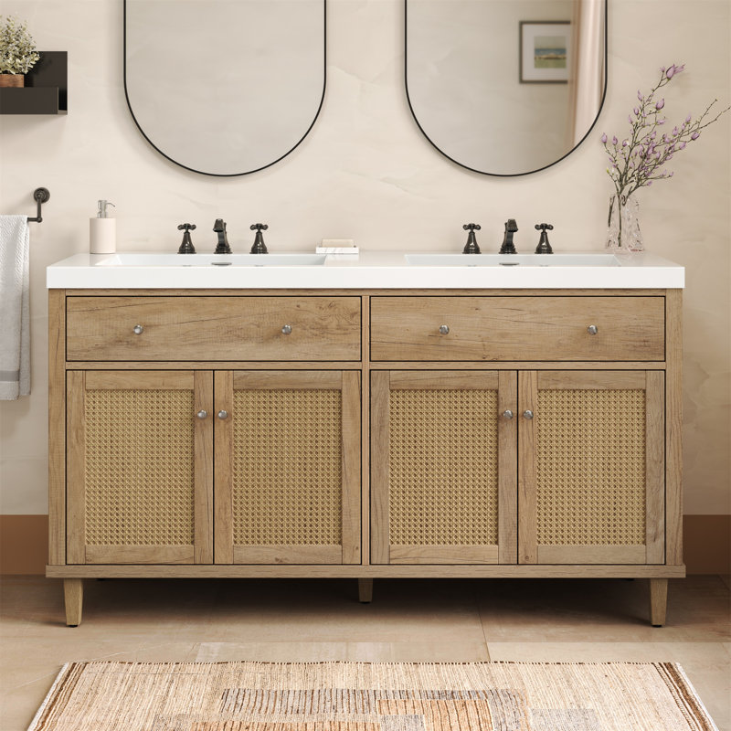 Van Meuble-lavabo double 60 po en bois】 - Lavabo en bois massif, grand rangement avec tiroirs rabattables et 4 portes à fermeture en douceur, pieds en bois massif et boutons argentés