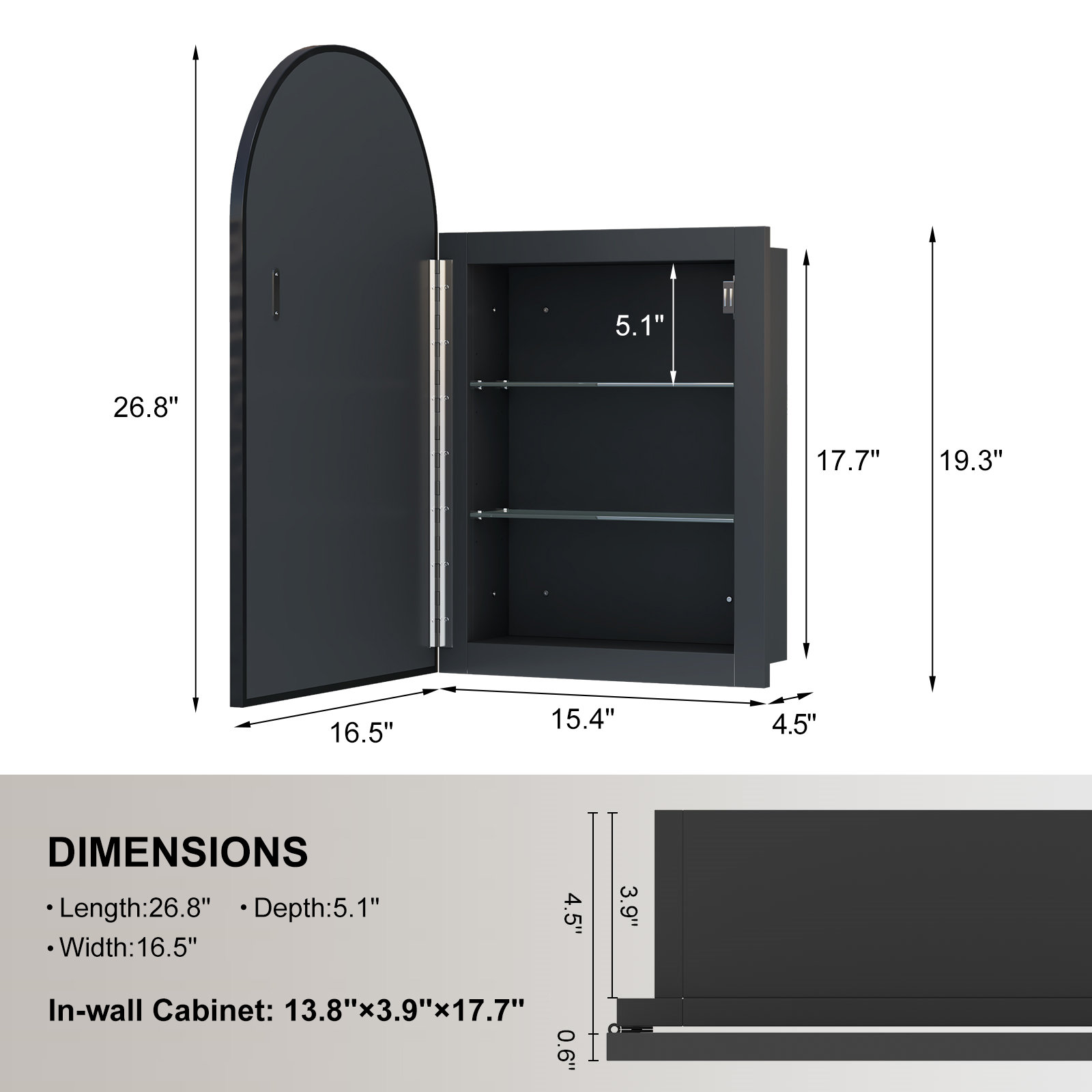 Poulton Medicine Cabinet, Matte Black, 26.8" H x 16.5" W x 4.5" D