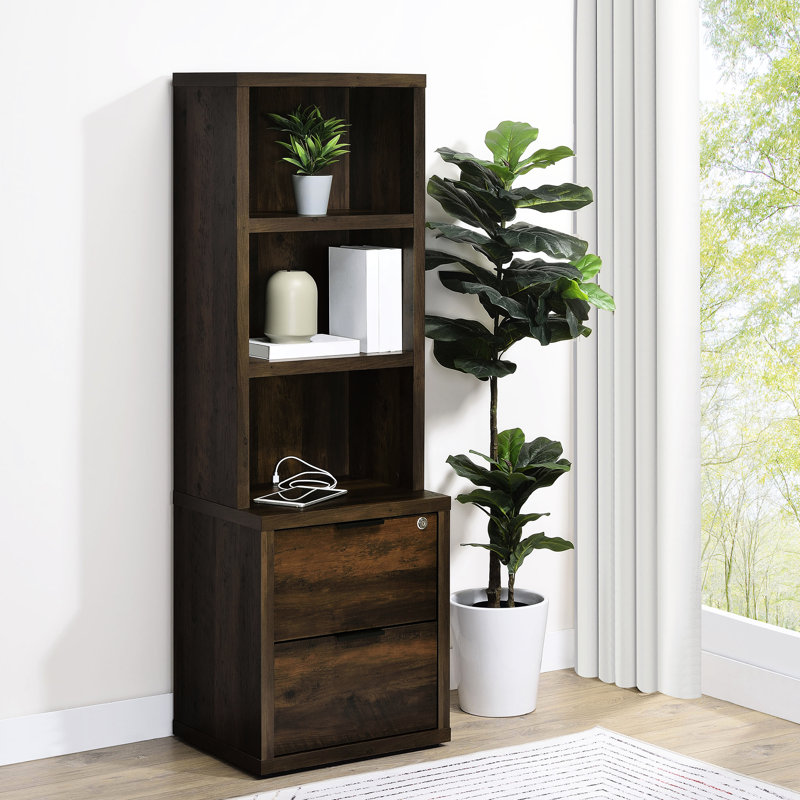 3 - Shelf Dark Pine Bookcase With Lockable Drawer And Dual , Engineered Wood, Office Organization Solution, 19.39 Inches Wide Charging, Display Piece,