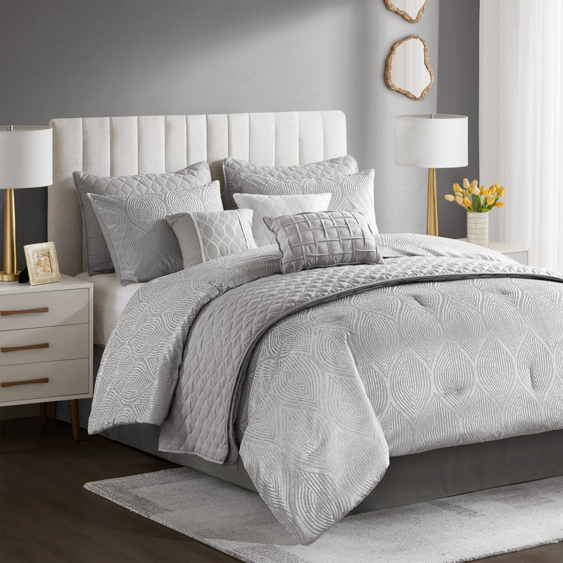 Ensemble d'édredon jacquard 10 pièces Nocturne, Gris, California King Comforter + 9 Additional Pieces