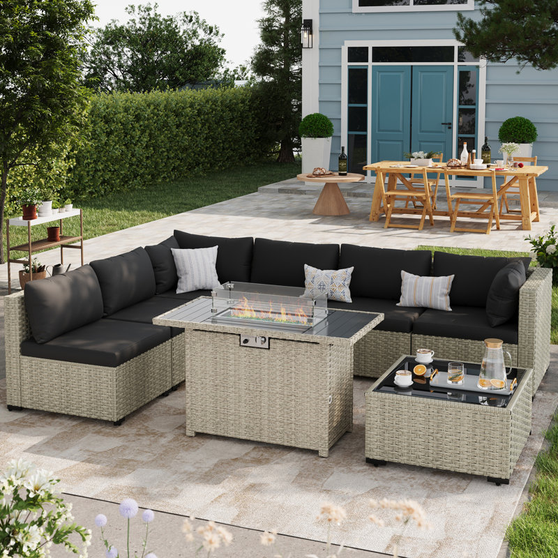 7 Pieces Design-Oriented Rattan Patio Conversation Sets With Fire Pit, Black