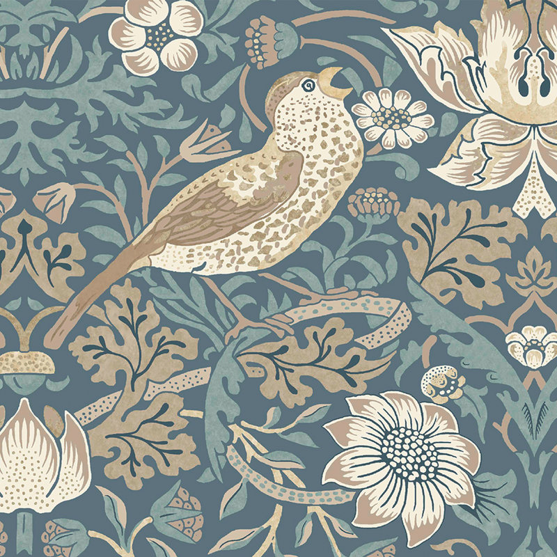 Grody Strawberry Thief Washed Blue Wallpaper
