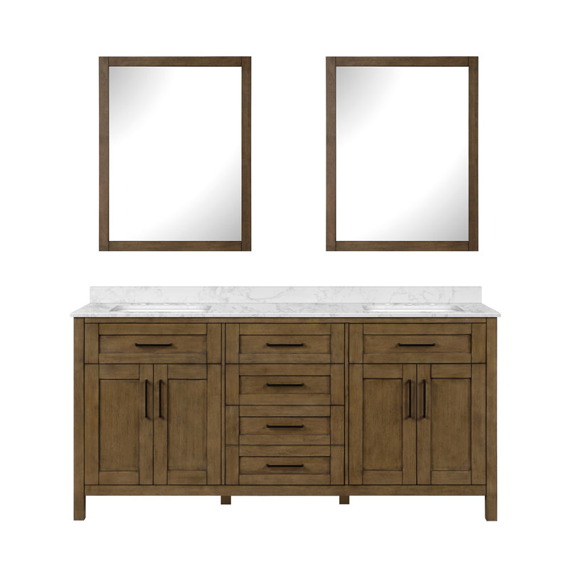 OVE Tahoe 72 in. Freestanding Double Sink Vanity Kit in Almond Latte with Mirrors, White Engineered Stone Top and Matte Black Hardware