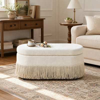 Pouf de rangement ovale capitonné avec franges et couvercle relevable - 99 cm L x 41 cm l x 43 cm H, repose-pieds multifonctionnel et rangement dissimulé pour salon ou chambre - Tissu beige et structure en métal