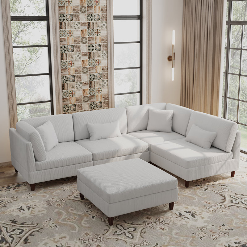 Michelyn 120.5"W 5 - Piece Corduroy Modular Sectional Sofa with Ottoman, Beige Corduroy