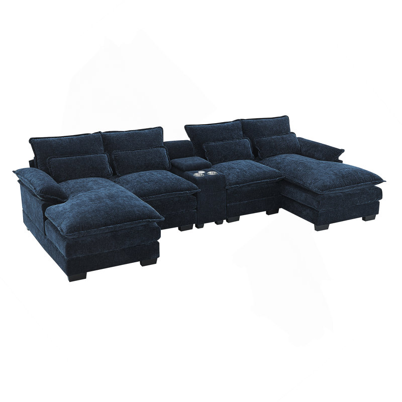 Canapé en U 123 * 55 "moderne avec console, porte-gobelets, Chenille bleu