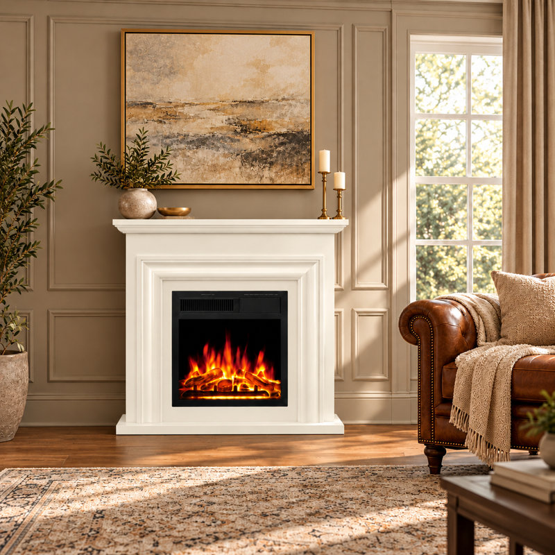 36" Electric Fireplace Mantel with Remote Control and Adjustable Flame, Beige