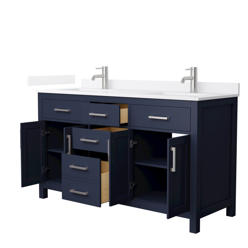 Beckett 60" Freestanding Double Bathroom Vanity with Quartz Top, Brushed Nickel, White Quartz, Dark Blue