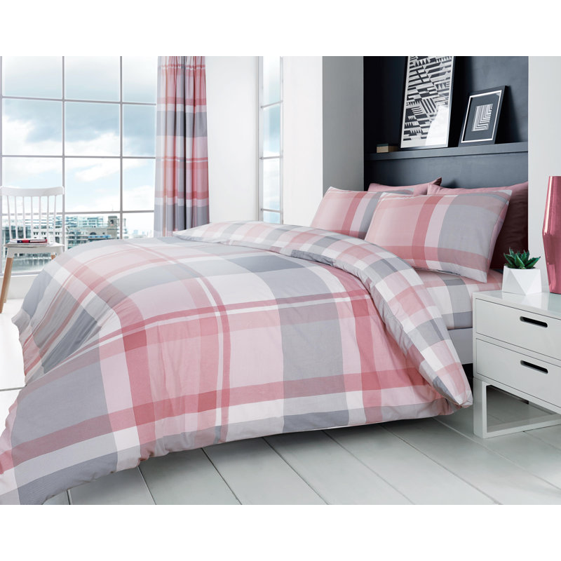 Check Pattern Polycotton Duvet Cover Set with Matching Pillowcases - Machine Washable Bedding Set, Super King, Grey