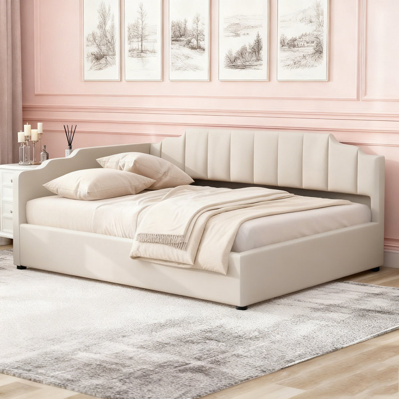 Lit de jour rembourré avec rangement inférieur, Beige