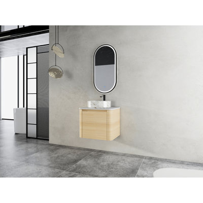 Meuble-lavabo mural 24 po avec lavabo d'art en céramique, 1 porte à fermeture en douceur, fabrication contemporaine, pierre blanche, céramique durable, charnières de fermeture, 45 poignées cachées pour
