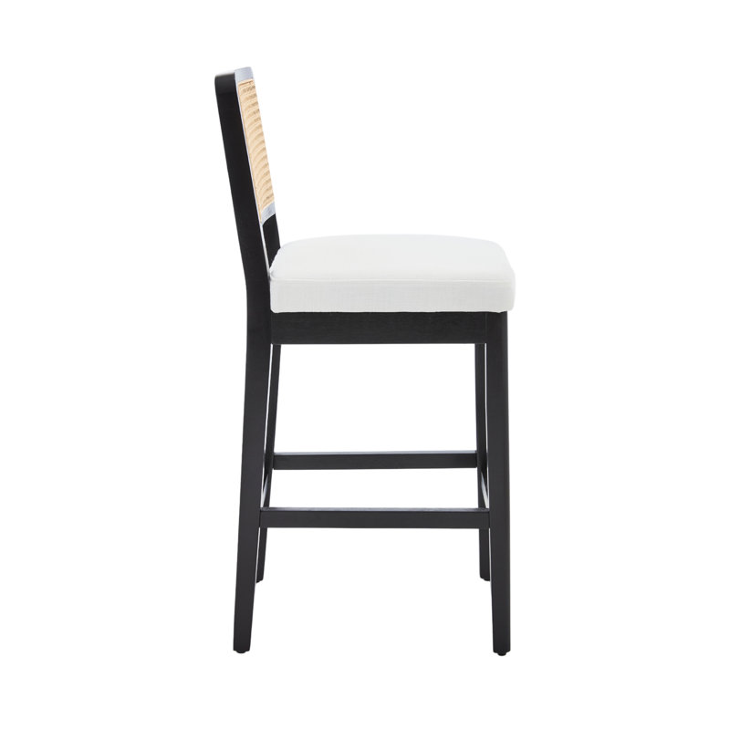 Upholstered Counter Stool with Solid Wood Frame, Black, Beige Linen
