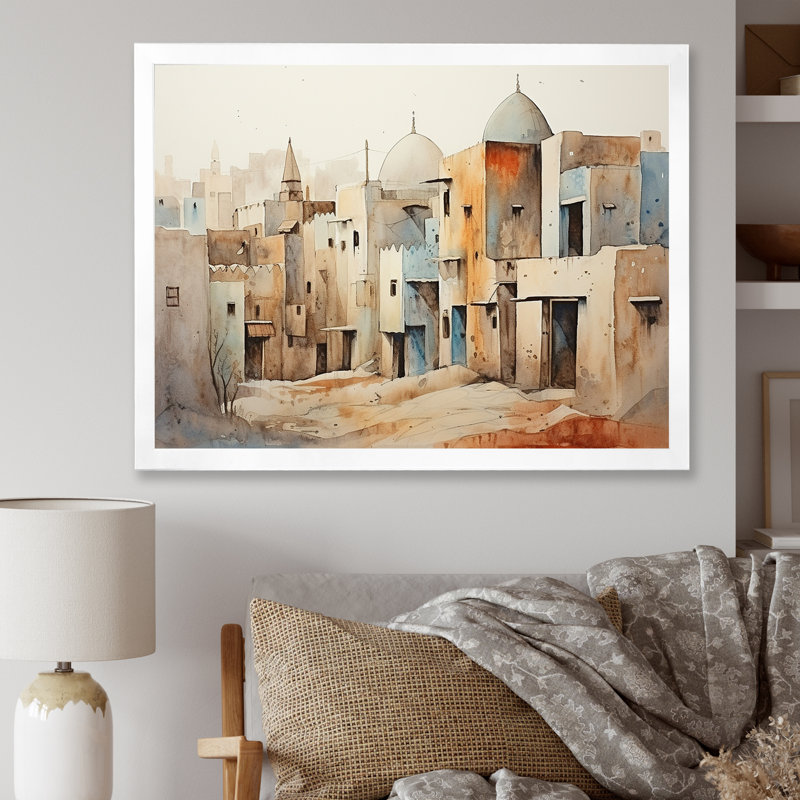 Village urbain, Sables égyptiens II - Égypte, art mural, Cadre de coin blanc fermé, H 12 po x l 20 po x P 1 po