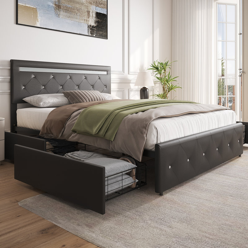 Full Size Upholstered Platform Bed Frame with Color Changing LED Lights and Twin Side Drawers, Modern Tufted Design with Storage Shelves