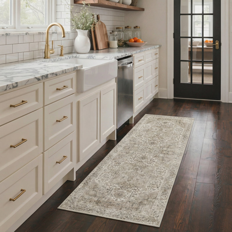 Tapis d'intérieur brun / beige lavable à la machine M mosaïque avec envers antidérapant, Tapis de couloir de 2 pi x 7 pi