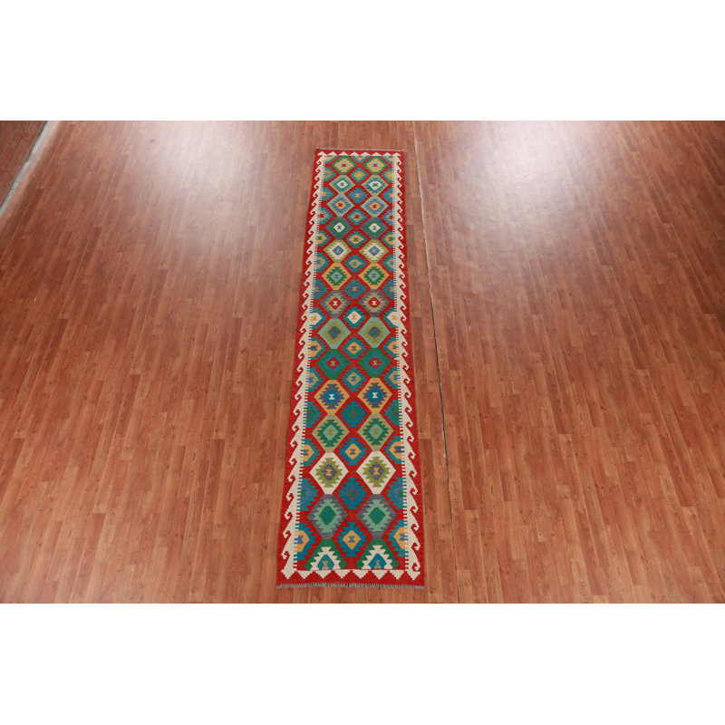 Tapis de couloir oriental géométrique en laine Kilim 3 x 13