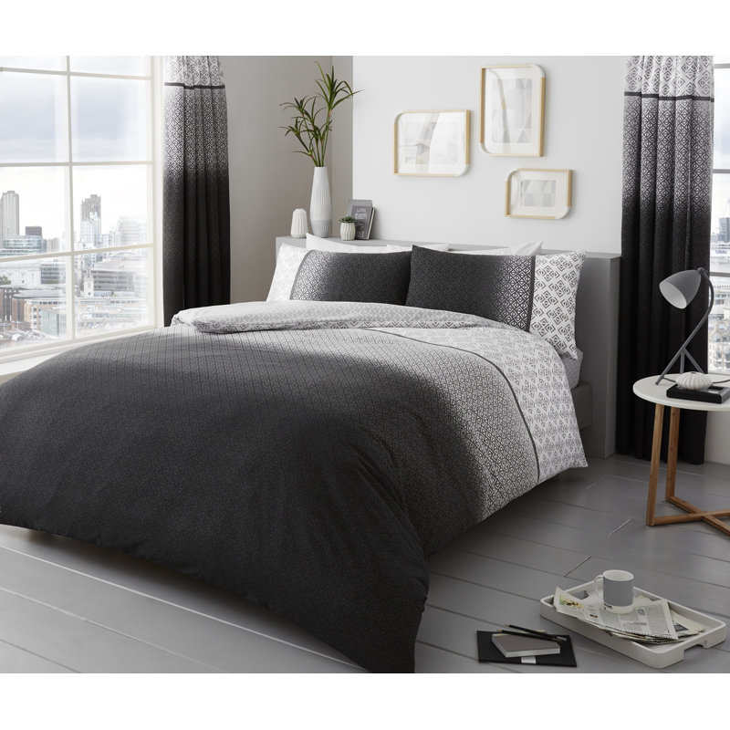 Geometric Polycotton Duvet Cover Set with Matching Pillowcases - Soft, Durable, Comfortable Unisex Bedding, Grey, Single