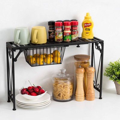 Over Sink Shelf with Pull Out Drawer, Expandable Black Metal Kitchen Over The Sink Shelf Rack, Bathroom Storage Shelf Riser with Scrollwork Design