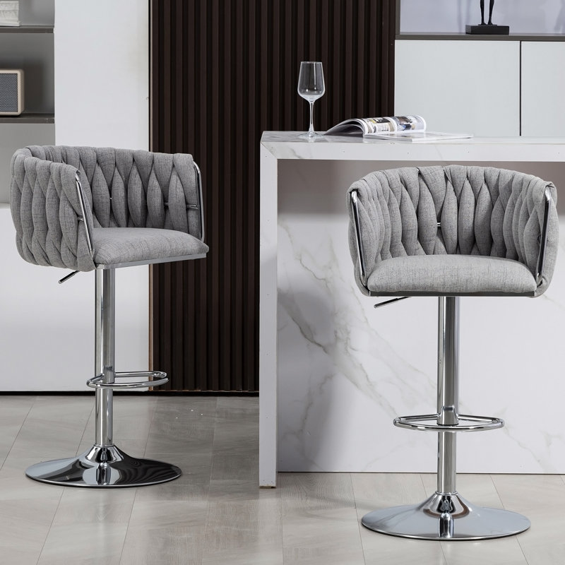 Ensemble de 2 tabourets de bar pivotants à 360 ° avec housse en tissu, chaises de bar réglables à hauteur de comptoir avec dossier tissé et repose-pieds, tabourets de bar chromés argentés pour îlot de cuisine, café, pub (gris)