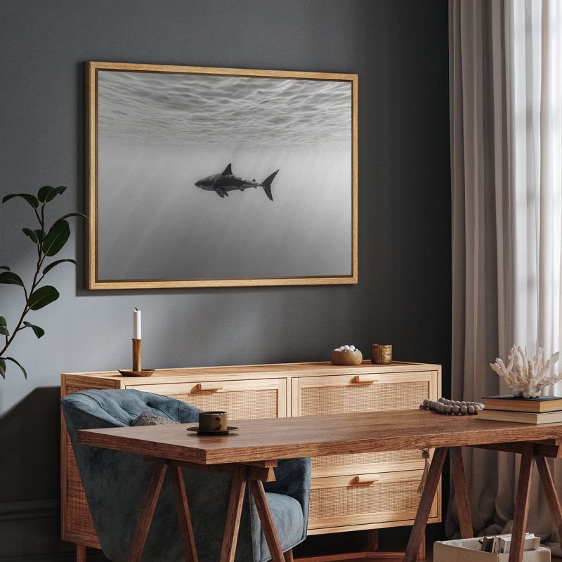 «Black and White Shark Ocean Profond Modern Coastal Decor», reproduction d'art sur toile encadrée, H 16 po x l 24 po