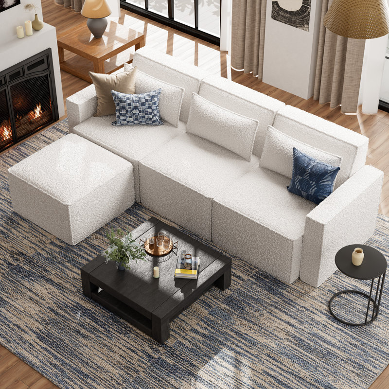 Canapé modulaire rembourré 4 pièces Taufner, Boucle blanc