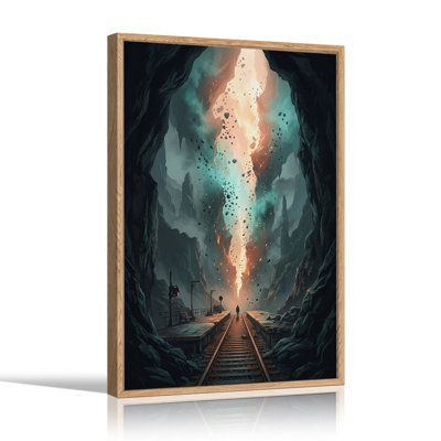 Silhouette on Train Tracks Facing Glowing Rift Canvas Wall Art