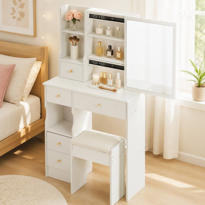 Coiffeuse compacte de 74 cm avec tiroir à gauche et tabouret rembourré, très grand miroir coulissant à droite, rangement multiniveaux haute capacité, commode pratique (version simple)