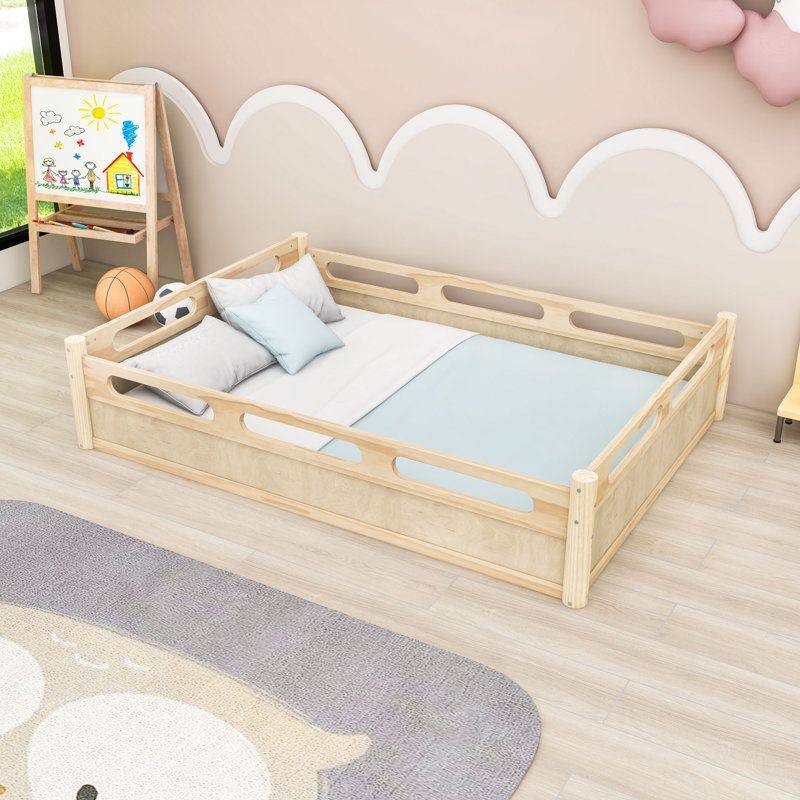 Lit plateforme en bois avec garde-corps, Natural, Full