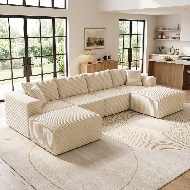 Canapé d'angle modulaire en forme de U de 137 pouces, canapé Cloud en velours côtelé compressé 6 pièces avec modules amovibles, assise profonde, aucun assemblage requis