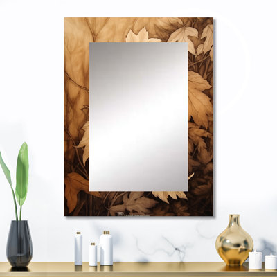 «Brown Beige Leafs» Harmony III - miroir floral, miroir mural décoratif traditionnel, impression d'art en métal
