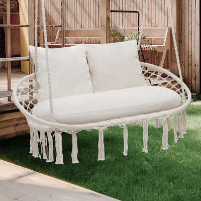 Hammock Chair Macrame Hanging Swing with Cushion, Cotton Rope Swing Loveseat for Indoor Outdoor Yard