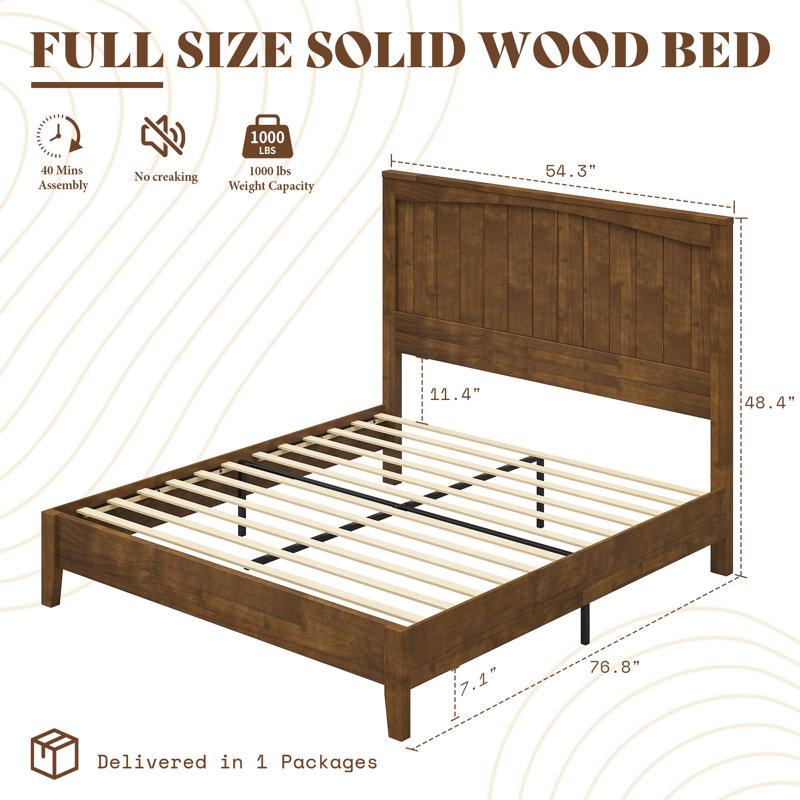  Adainville 48.4" Full Size Solid Wood Bed Frame With Panel Headboard,Brown, Full, Brown
