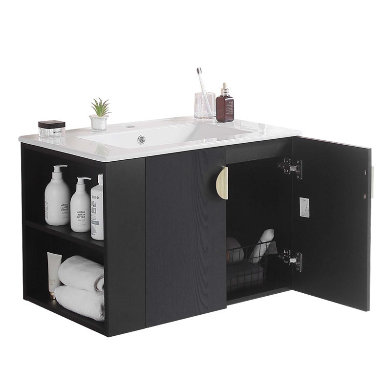 Meuble-lavabo de salle de bain avec lavabo, 2 portes et tablette de rangement ouverte, Noir